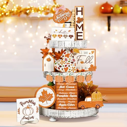 Amyhill 15 Pcs Fall Tiered Tray Decor Set Rustic Autumn Wooden Table Signs