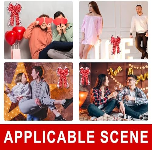 Large Wreath Bow, Large Red White Plaid Burlap Bow with Heart Decorations, 11.42"x20.87" Bow for Wreath Tree Topper Wedding Party Indoor Outdoor Romantic Home Decor