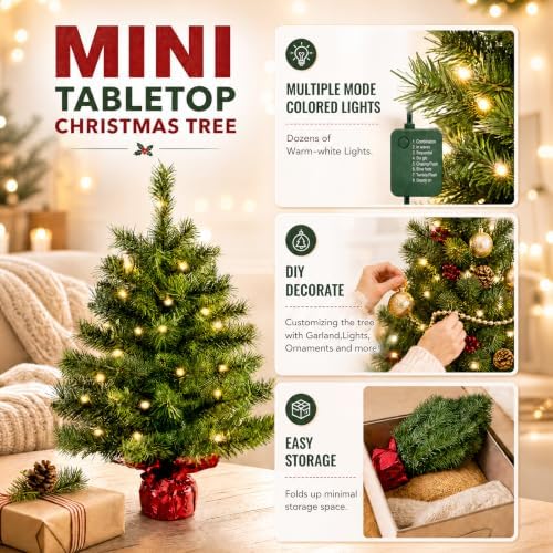 Pre-Lit 2ft Small Christmas Tree, Mini Tabletop Xmas Tree