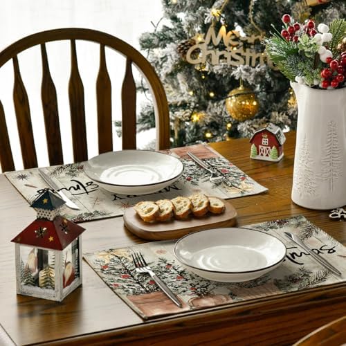 Artoid Mode Wood Holly Pine Cone Merry Christmas Placemats Set of 4, 12x18 Inch Seasonal Winter Holiday Table Mats for Party Kitchen Dining Decoration