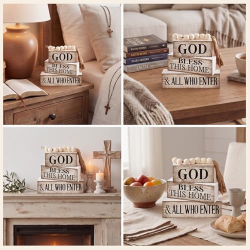 Moucuny 4 Pcs Christian Table Decor Rustic God Bless This Home Stacked Sign