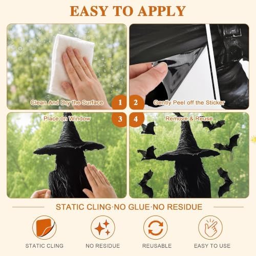 Halloween Decorations Window Clings Decor: 3pcs Large Realist Dark Witch Bats Silhouette Halloween Decals Cling Indoor, Scary Creepy Style School Home Office Party Supplies for Glass Windows