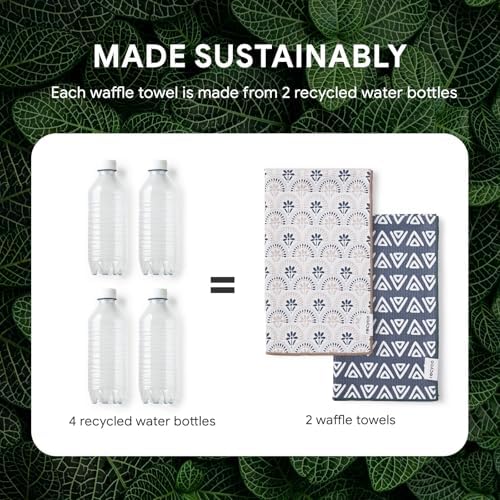 RECYCO Waffle Kitchen Towel Set of 2 - Quick Dry Microfiber Sustainable Dish Towels - Ultra Absorbent Reusable Cleaning Tea Towels - Lightweight Hand Towels,16”x 28”, Neutral Boho