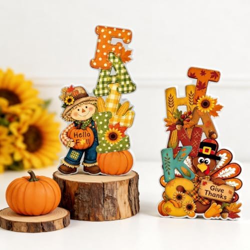 Fall Thanksgiving Table Decor 2 PCS Wooden Fall Scarecrow Turkey Decor