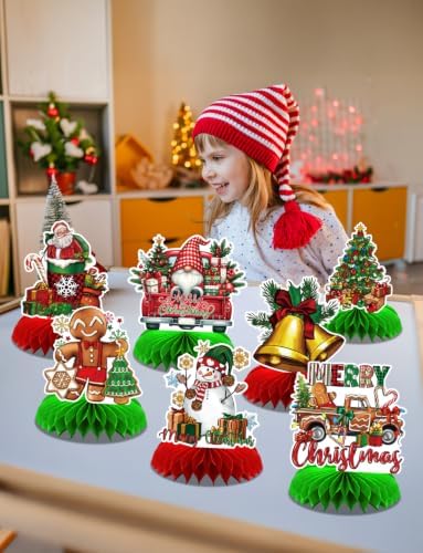 Christmas Party Table Decorations, 9Pcs 3D Christmas Honeycomb Centerpieces with Santa Claus & Snowman Designs, Festive Table Toppers for Winter Christmas Party Supplies