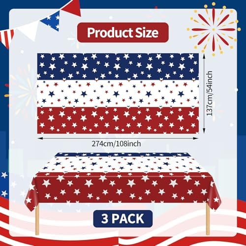 Gistome 3 Pack 54 x 108 Inch 4th of July Plastic Tablecloths, Red White Blue Stars Disposable Rectangle Table Covers for Independence Day Memorial Day Party Decorations