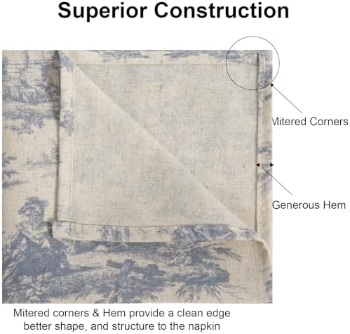 Blue Vintage Cloth Napkins Set of 12 - French Country Toile de Jouy Reusable Napkins 15x15 Inch - Shabby Chic Linen Cotton Dinner Napkins Towels for Everyday Use,Machine Washable Dish Cloth Gift
