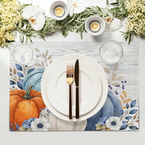 Thanksgiving Placemats Set of 6 18x12 Inch Fall Blue Pumpkin Linen Place Mats Heat-Resistant Washable Wipeable Autumn Leaf Floral Wood Grain Table Mat for Party Kitchen Dining Room Dinner Table Decor