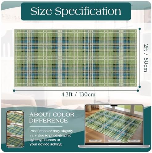 Front Door Mat Indoor Entrance - 2x4.3 Green Teal Tartan Plaid Rug
