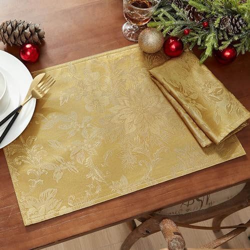 Poinsettia Elegance Jacquard Holiday Napkins, Set of 4, Gold - 17" W x 17" L