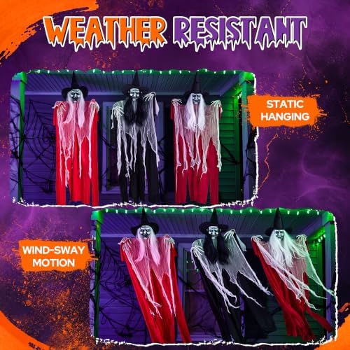 3 Pack 4 Foot Hanging Witch Halloween Decorations, Large Scary Witches with Witch Hats, Long Hair, Skeleton Hands & Tattered Robes, Hanging Halloween Decor for Indoor Outdoor Yard Porch Haunted House