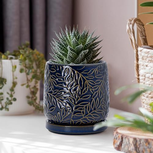 D'vine Dev Embossed Leaves Ceramic Planter, 4 in, Midnight Blue, 27-A-Z-3