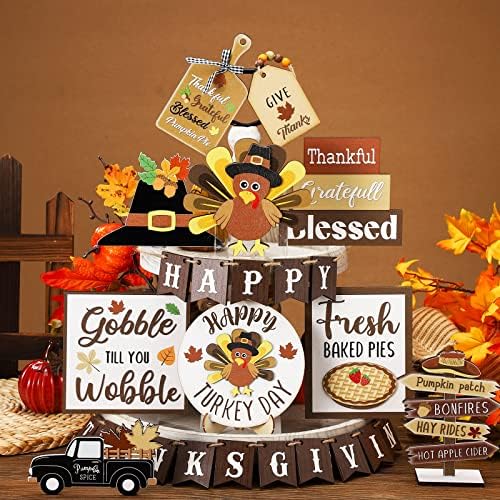 Tatuo 27 Pcs Fall Thanksgiving Tiered Tray Decoration Turkey Thanksgiving Table Decoration Fall Farmhouse Rustic Wooden Sign Truck Turkey Baked Pies Autumn Home Kitchen Decorative Tray