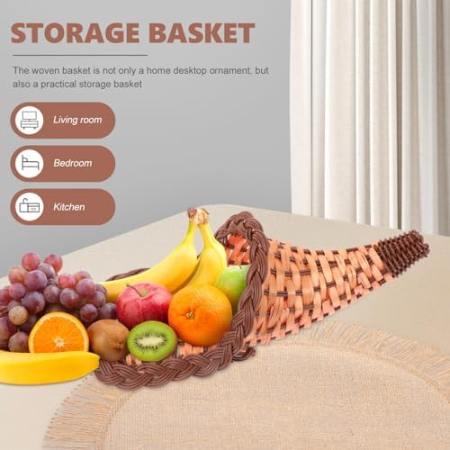 Amosfun Cornucopia Shaped Storage Basket Handwoven Food Holder for Fruits Snacks and Bread Rustic Decorative Centerpiece for Home and Restaurant Use