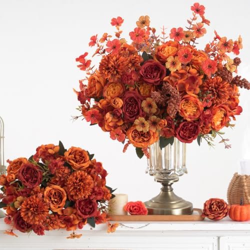 Mixed 8pcs Fall Artificial Peony Hydrangea Bouquet, Burnt Orange Red Silk Faux Flower, Autumn Faux Floral Arrangements for Wedding Table Thanksgiving Outdoor Planters Porch Patio Garden Yard