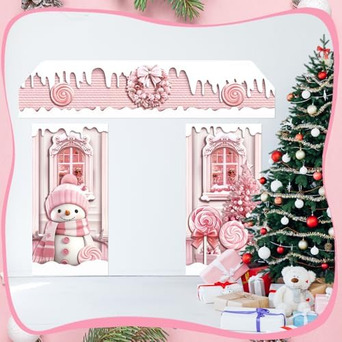 HunnmingRe 3 Pcs Christmas Gingerbread House Door Covers Decor,Pink