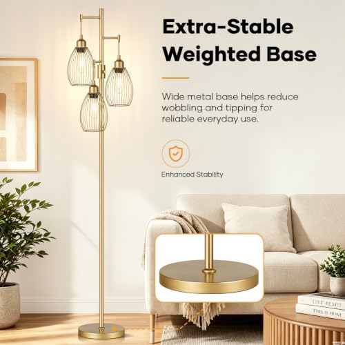 Dimmable Floor Lamp, 3 x 800LM LED Edison Bulbs Included, Farmhouse Industrial Floor Lamp Standing Tree Lamp with