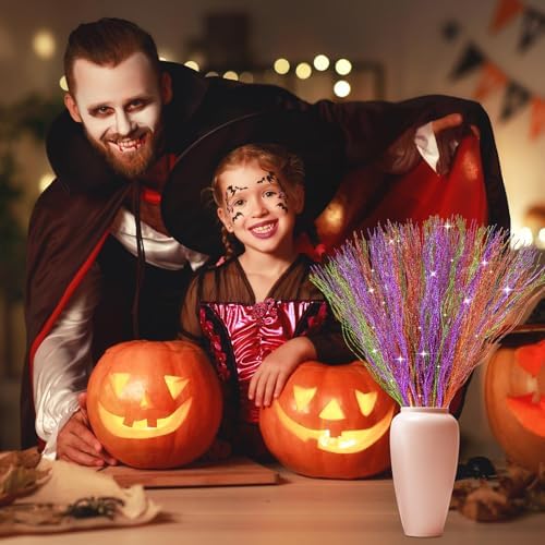 YBB 30Pcs Halloween Artificial Glitter Branches, 17 Inch Fall Stem Floral Picks Decorative Twigs for Halloween Thanksgiving Day Home Table Vase Decoration (Green&Purple&Orange)