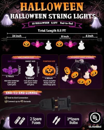 8.5FT Halloween Pumpkin Bat Ghost Lights, Plug-in 10 LED Decor