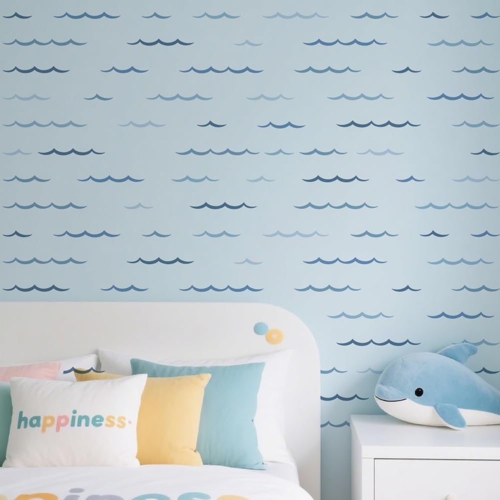 4 Sheets Ocean Wave Wall Stickers Minimalist Sea Waves Wall Decals Curved Lines / Blue / Set of 4