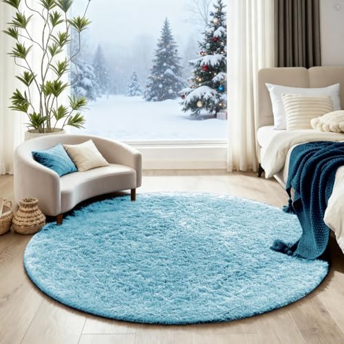 Ophanie Round Rug 4Ft Light Blue Circle Area Rugs, Fluffy Fuzzy Small Bedroom Carpet 4 Foot, Plush Shag Floor Living