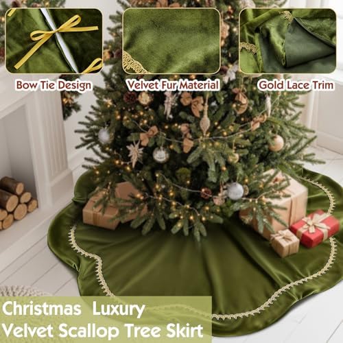 Arrowbash Olive Green 36 Inch Christmas Tree Skirt Velvet Scallop Ddge