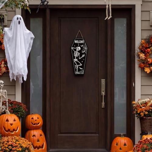 Smile Halloween Wooden Door Hanger with Welcome Skeleton Coffin Design