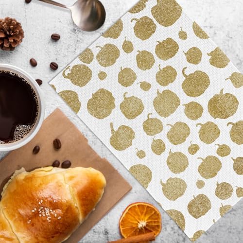 Gold Fall Pumpkin Decor Kitchen Towels and Dishcloths Set of 2, Fall Hand Towels for Bathroom, Gold Autumn Thanksgiving Farmhouse Pumpkins Decorative Dish Tea Towels for Dorm Bathroom, 16×24