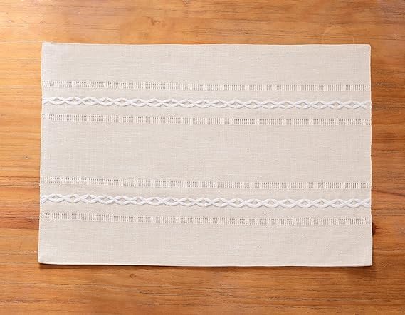 Wracra Cotton Linen Place Mats, Ivory Embroidered Placemats Set of 6 | Placemats 12 x 18 Inch; Cotton Linen Woven