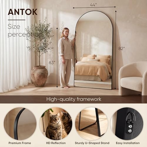 Antok 82" x44” Arched Full Length Mirror, Floor Mirror with Stand, Black
