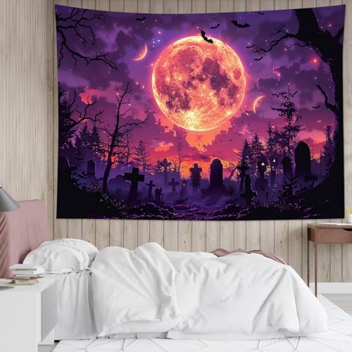 LB Spooky Halloween Tapestry Wall Hanging Black Bat Dead Tree Horror Graveyard Tapestry Purple Moon Night Forest Tapestries Backdrop Art Decor for Bedroom Living Room College Dorm,59Wx51H inch