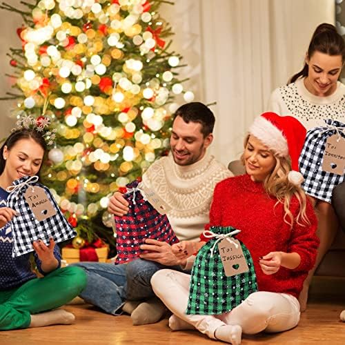 Shappy 24 Pcs Christmas Drawstring Gift Bags Xmas Buffalo Plaid Burlap Advent Bags 10 x 8 Inches Linen Treat Candy Bag with 32.8 ft Rope 24 Card(Mixed Colors with Snowflake)