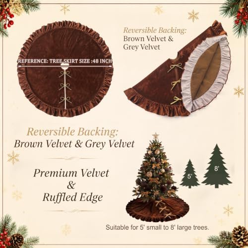Velvet Christmas Tree Skirt, 48 Inches, Bow Style, Brown