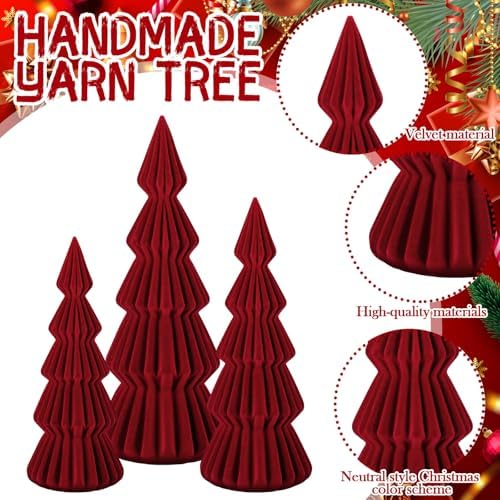 Set of 3 Velvet Ceramic Christmas Tree Decor, Burgundy