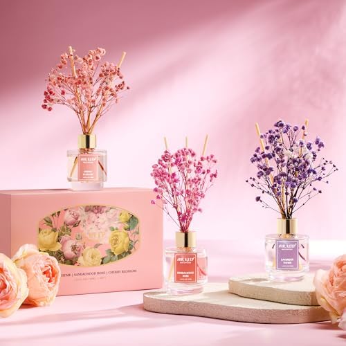 Airkeep Reed Diffuser Set of 3, Lavender Thyme Sandalwood Rose Cherry Blossom Oil Reed Diffusers for Bedroom Living