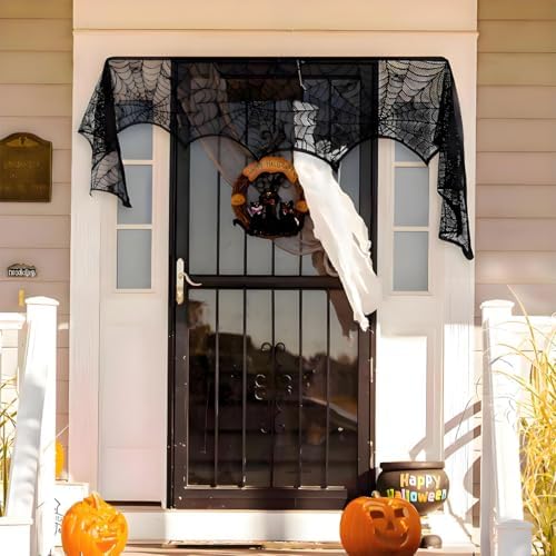 Halloween Spiderweb Decorations - 18inch × 96inch Halloween Mantel Scarf - Black Lace Spiderweb Mantle Scarf for Halloween Home Party Supplies - Halloween Party Decorations