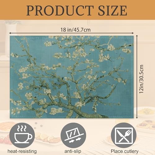 Almond Tree in Blossom Placemats Set of 6,Washable Heat Resistant 12×18 Inch Linen Table Mats Art Place Mats for Party Outdoor Dining Décor