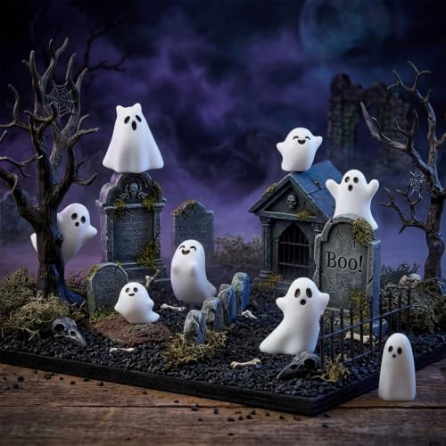 CCINEE 24 Pcs Halloween Mini Resin Ghost Figurines in 8 Styles, Matte Finish Spooky Whimsical Tabletop Decor for Halloween Party, Tiered Tray, Bowl Filler, and Seasonal Home Decoration