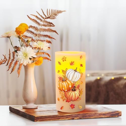 Whaline Fall LED Flameless Candles Orange Pumpkin Warm Light Battery Operated Pillar Candles Autumn Electric Flickering Candle for Thanksgiving Party Home Decor, Set of 3