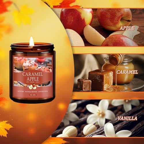 Fall Candle, Caramel Apple Scented Candles for Home, Natural Soy Autumn Candle Aromatherapy Candle, 7 oz Jar Candles