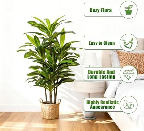 4ft Dracaena Artificial Plant - Large Tropical Indoor Fake Tree with Lifelike Leaves - Tall Faux Floor Plant in Pot for