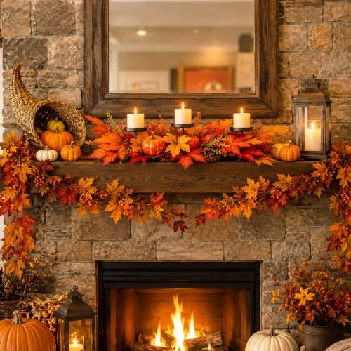 27.56" Fall Candle Holder Centerpiece, Thanksgiving Table Decor with Metal Candle Cups Large Foldable Autumn Leaves Pumpkins Candle Holder for Farmhouse Dining Table Mantel Home Party Decor