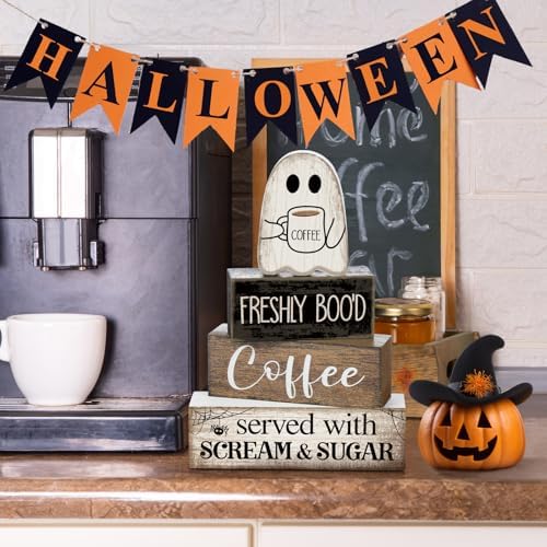 Lineshading 4 Pcs Halloween Coffee Table Decor Wooden Ghost Coffee Bar Sign