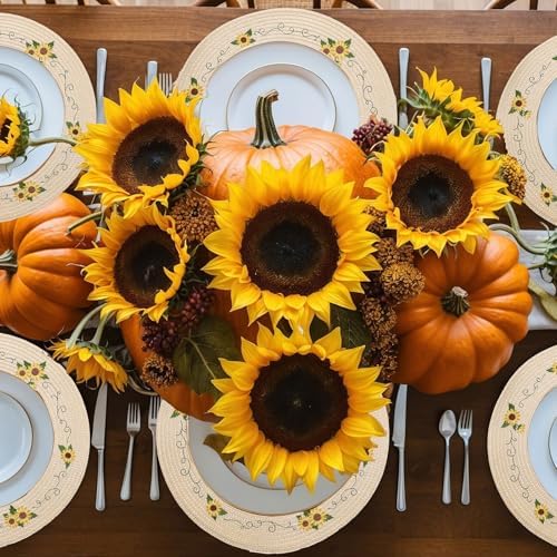 Whaline 4Pcs Sunflower Embroidered Placemats Spring Summer Floral Round Place Mats Dinner Table Mats for Home Holiday Birthday Baby Shower Party Decor