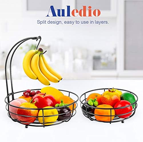 Auledio Iron 2-Tier Countertop Fruit Vegetables Basket Bowl Storage With Banana Hanger, Black, 64 ounces