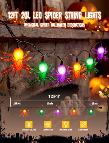 12FT Spider Halloween String Lights with 20 LED Plug in Spider Lights
