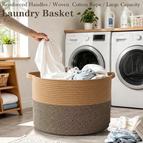 65L Large Blanket Basket,Rope Woven Laundry Baskets-Jute&Black
