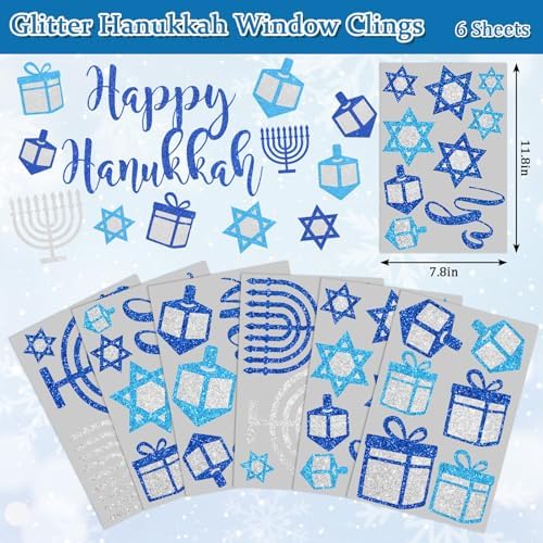 Whaline 6 Sheets Glitter Hanukkah Window Clings Chanukah Star Menorah Window Decal Reusable Anti-Collision Windows Decor for Home Classroom Office Party Supplies