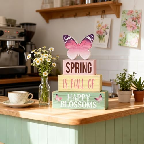 Spring Decoration Wooden Tiered Tray Decor – Butterfly Spring Stacked Block Sign with Floral Accents – Farmhouse Tabletop Spring Decor for Shelf Mantel Seasonal Home Display