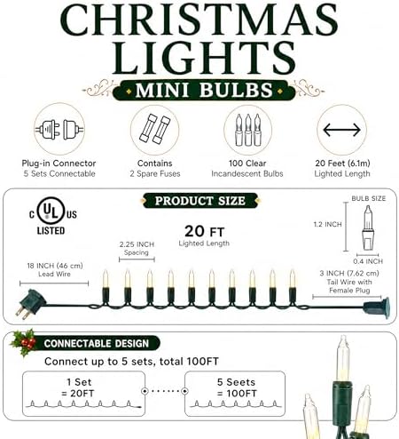 Warm White Christmas Lights, 2 Pack Total 40FT 200 Count Incandescent Christmas Mini Tree String Lights, Waterproof Christmas Decorations for Outdoor Indoor Xmas Patio Home Party Garden Yard Decor